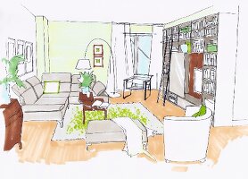 Illustration of kitchen cabinet, bed, toys, and floor lamp in living room