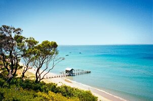 Elevated view of dock house at Morington Peninsula beach, Melbourne, Australia