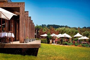 Exterior view of Montalto Restaurant with porch and patio