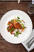 Asian salad with crispy quail at restaurant Mont Alto, overhead view