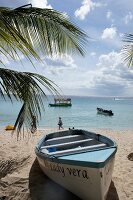 Boat on beach of Lesser Antilles at Caribbean island, Barbados