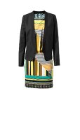 Silk dress with graphic pattern and blazer jacket on white background