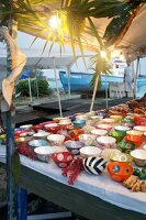 Different painted bowls on table at  Lesser Antilles, Caribbean island, Barbados
