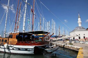 Boats moored at harbor in Bodrum Aegean Region, Turkey