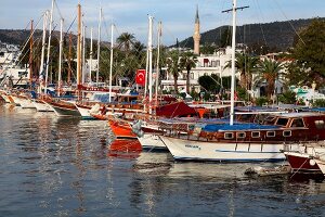 Boats moored at harbor in Bodrum Aegean Region, Turkey