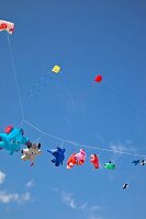 Multi-coloured flags in sky on kite festival at Fano beach, Denmark