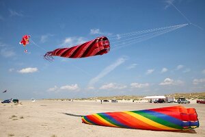 Multi-coloured flags in sky on kite festival at Fano beach, Denmark