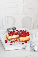 Cheesecake with fresh raspberries, sliced