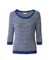 White and blue knitted sweater with strips on white background