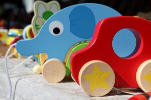 Close-up of colourful wooden toys