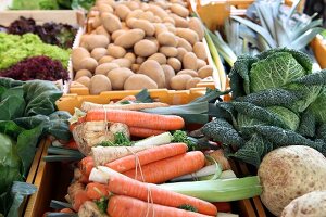 Fresh vegetables on market stall at Stuttgart Market Hall, Baden-Wurttemberg, Germany