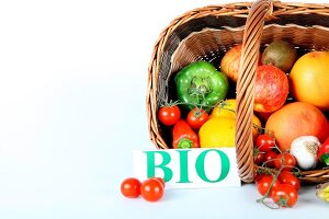 Basket of fruit and vegetables on white background