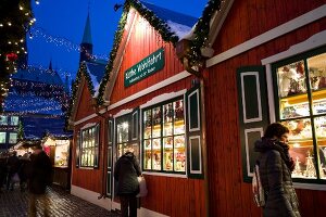 View of Town Hall at night during Christmas in Lubeck, Schleswig Holstein, Germany