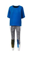 Blue sweater with graphic patterned pants on white background