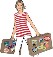 Illustration, Frau, trägt Koffer, fährt in den Urlaub
