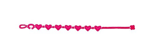 Close-up of pink friendship bracelet with small hearts on white background