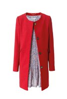 Red crew neck jacket over floral patterned dress against white background