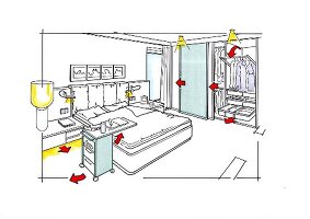 Illustration of bedroom with bed, dinner trolley, cabinet and wardrobe with coathanger