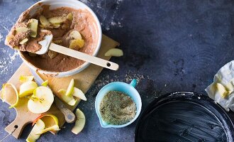 Baking with stevia: chocolate apple cake being made