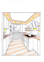 Illustration of kitchen with furnished cabinets and recessed lights