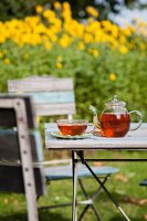 A glass teapot and a cup on a garden table