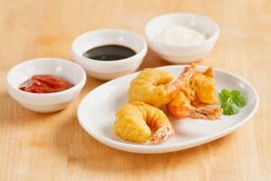 Prawns in tempura batter with dips