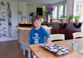 Boy in kitchen takes muffin from cooling rack