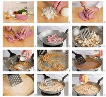 Zürcher Geschnetzeltes (Swiss dish from Zurich consisting of chopped veal, mushrooms and cream) being made