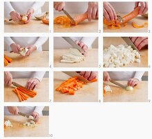 Carrots, celeriac and onions being chopped