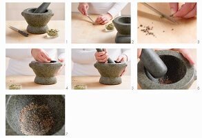 Cardamom seeds being removed from the pods and ground in a mortar