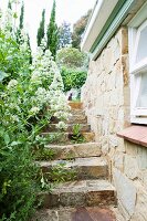 Stone steps in Mediterranean garden of rustic farmhouse