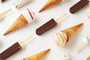 Various ice creams on a white surface