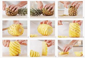 Pineapple being peeled and chopped