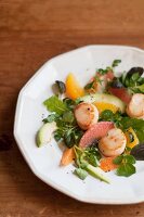Scallop and Citrus Salad with Avocado, Micro Greens and Orange and Grapefruit Sections; On a White Plate