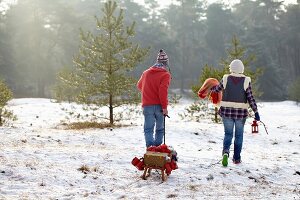 Paar mit einem Schlitten im Wald