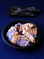 Truffle mashed potatoes with grilled porccini mushrooms and garlic chips