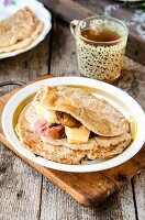 Savoury filled oatmeal pancakes and a cup of tea