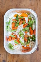 Mirepoix of Onions, Carrots, Celery, Orange and Sage in a Disposable Baking Pan