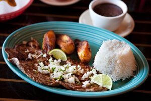 Cuban Palomilla Steak with Onions, Rice and Plantains