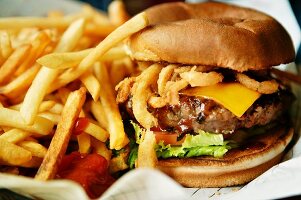 Cheeseburger with French Fries and Ketchup