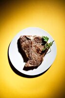 Seasoned T-Bone Steak on a White Plate; From Above