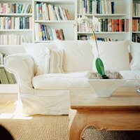 Weisses Sofa & Couchtisch aus Holz vor Bücherwandregalen