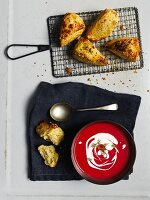 Beetroot soup with cheese scones