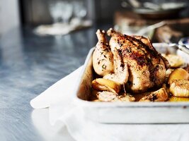 Roast chicken with lemons, onions and thyme (close-up)