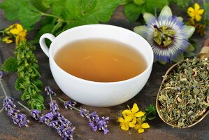 Herbal tea with ingredients (lemon balm, passion flower, St. John's wort, hops, lavender and orange flowers)