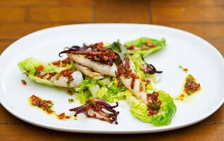 Grilled squid with vinaigrette on a bed of lettuce