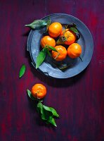 Clementines with leaves on a plate