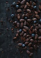 Kakaobohnen und Blaubeeren