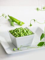 A bowl of peas with pods and vines