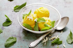 Mango sorbet with passion fruit and lemon balm